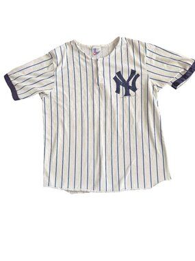 Vintage 1988 Yankees Pinstripe Jersey Shirt Garan Inc Size L Blue & White MLB Li